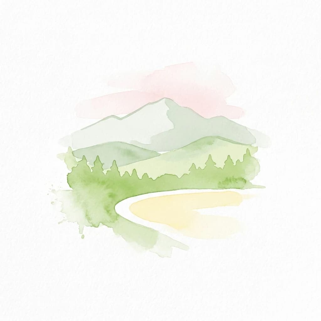 Watercolor painting showing mountains, trees, and a winding river in a stylized landscape