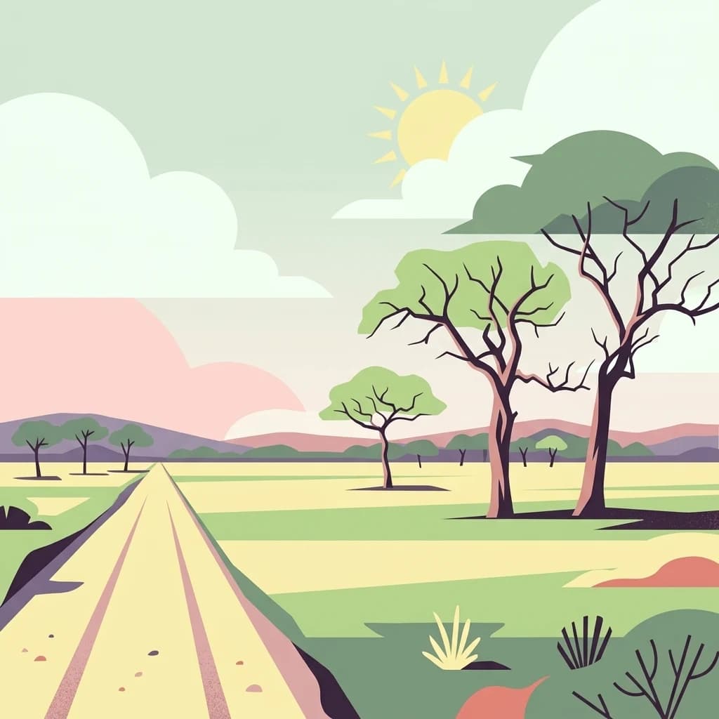 Illustration of a dirt road leading through a savannah landscape with scattered acacia trees, green fields, distant hills, and a sun in the sky