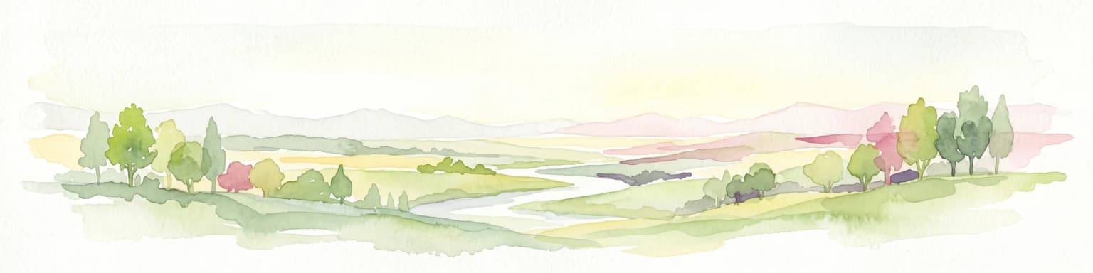 Ilustración acuarela de un río fluyendo a través de un campo cubierto de hierba con árboles dispersos y colinas distantes bajo un cielo suave