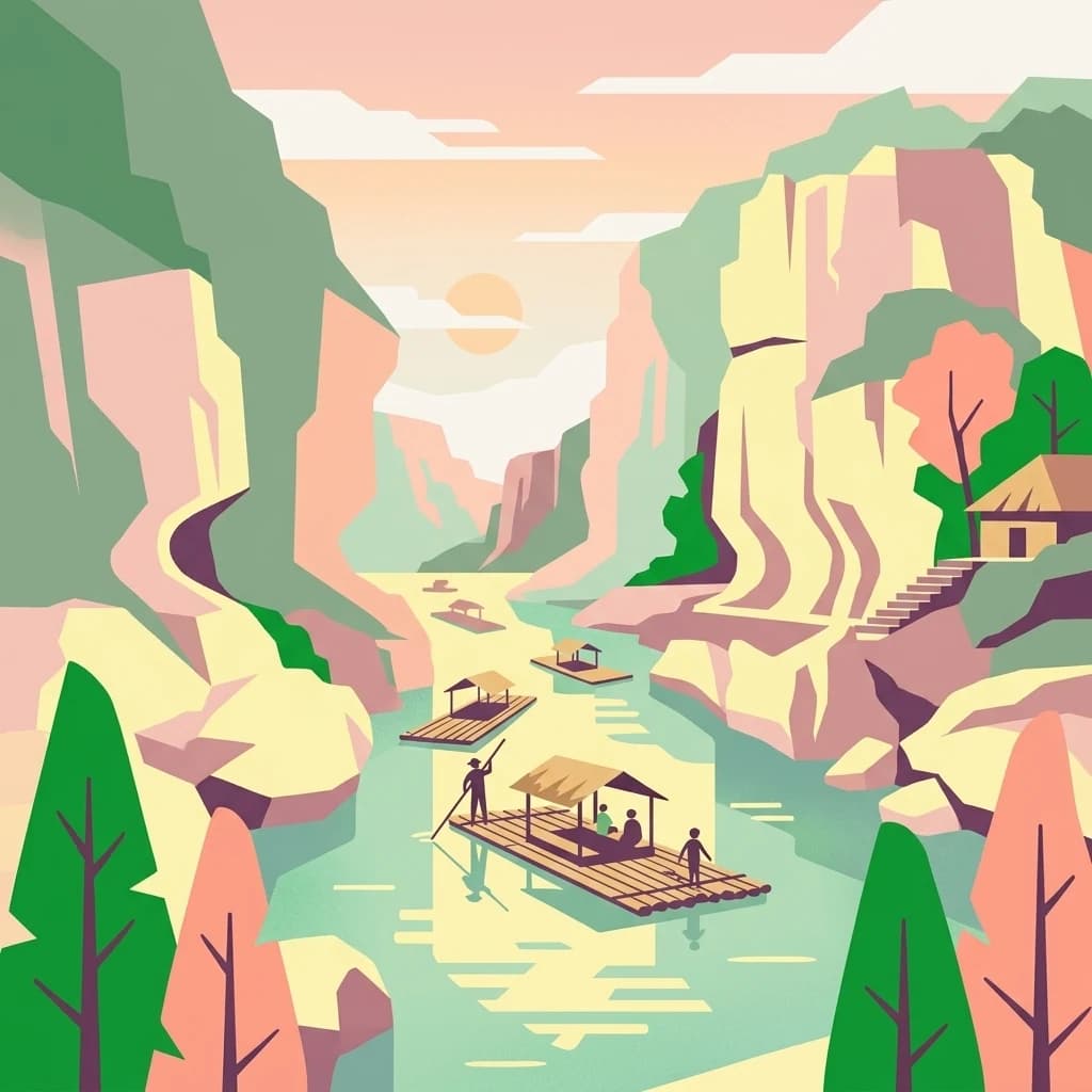 Ilustración de un río con barcas de bambú, personas remando, acantilados de piedra caliza y árboles