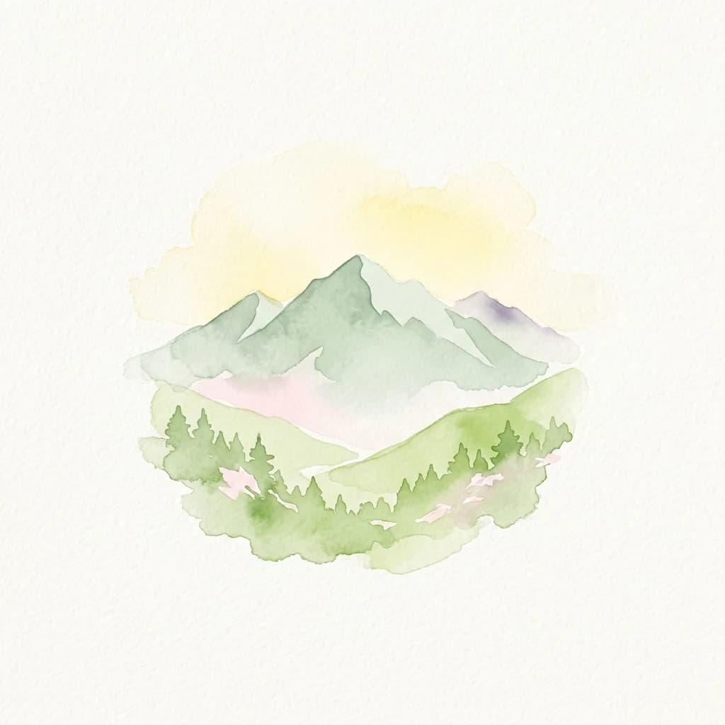 Watercolor illustration showing green mountains and forest with soft yellow sky