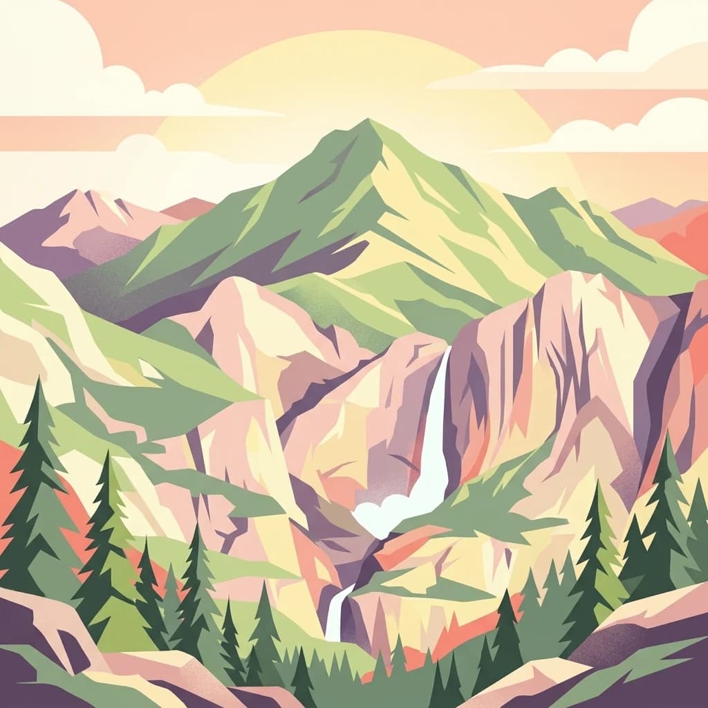 Stylized illustration of a mountain landscape with a waterfall, evergreen trees, and a setting sun