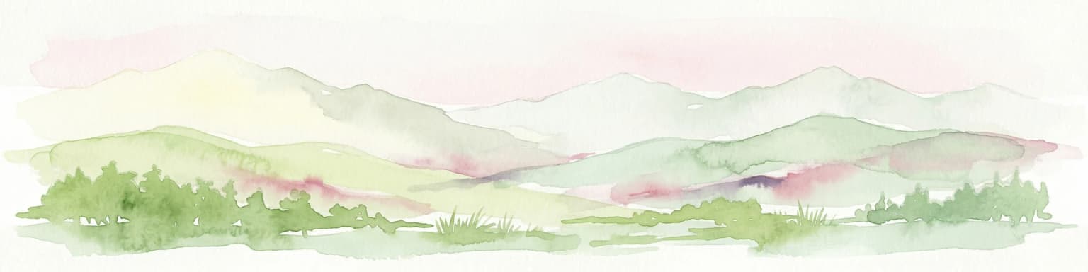 Watercolor painting of green and pink mountain ranges with forested foreground and distant peaks.