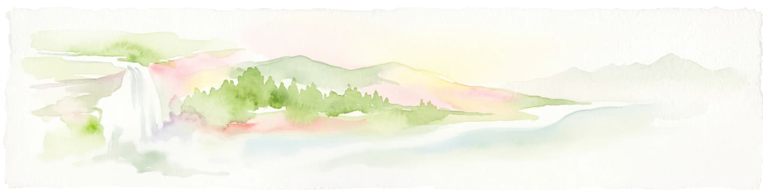 A soft watercolor painting depicting a coastal landscape with a waterfall cascading toward the ocean, surrounded by rolling hills and greenery.