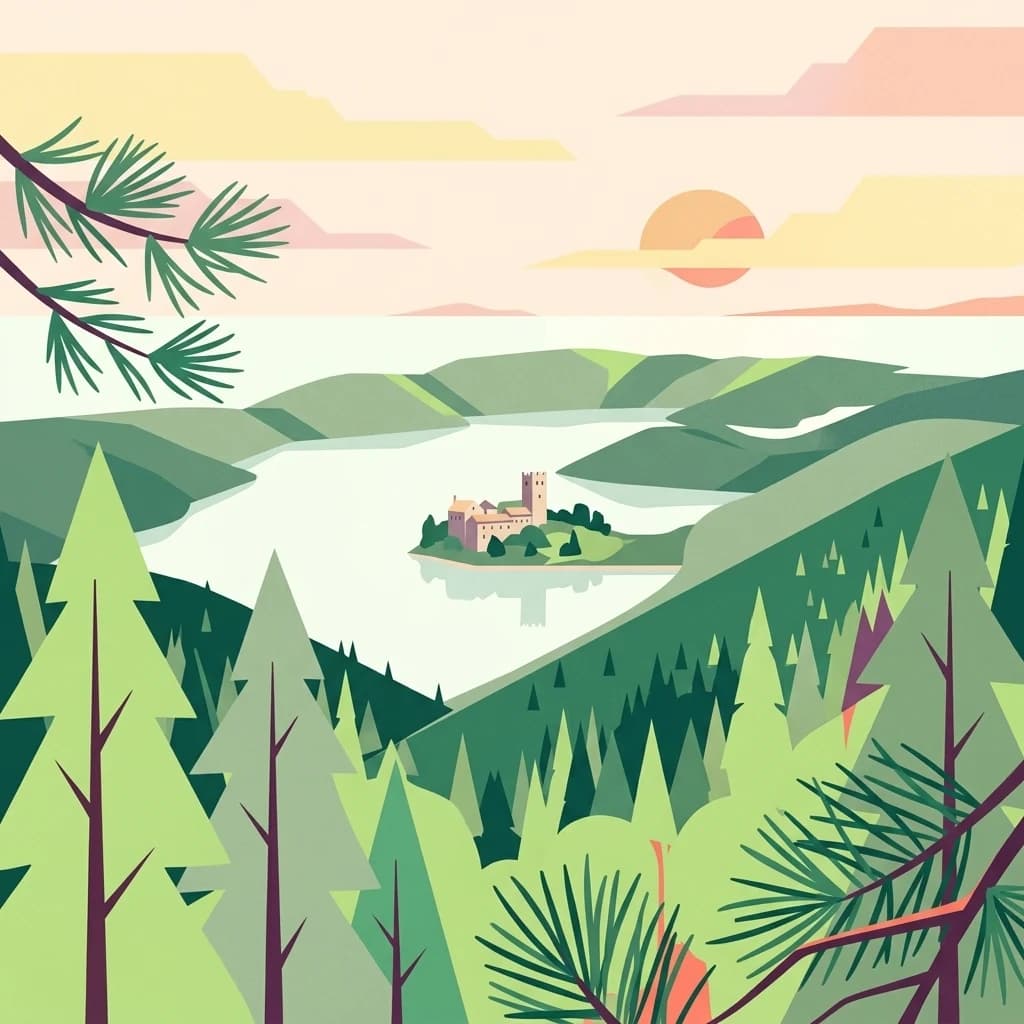 Illustration of a lake surrounded by forests with a small island featuring a historic structure under a sunset sky