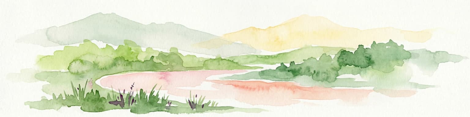Watercolor painting showing two pink-hued lakes surrounded by green vegetation and distant mountains under a light yellow sky