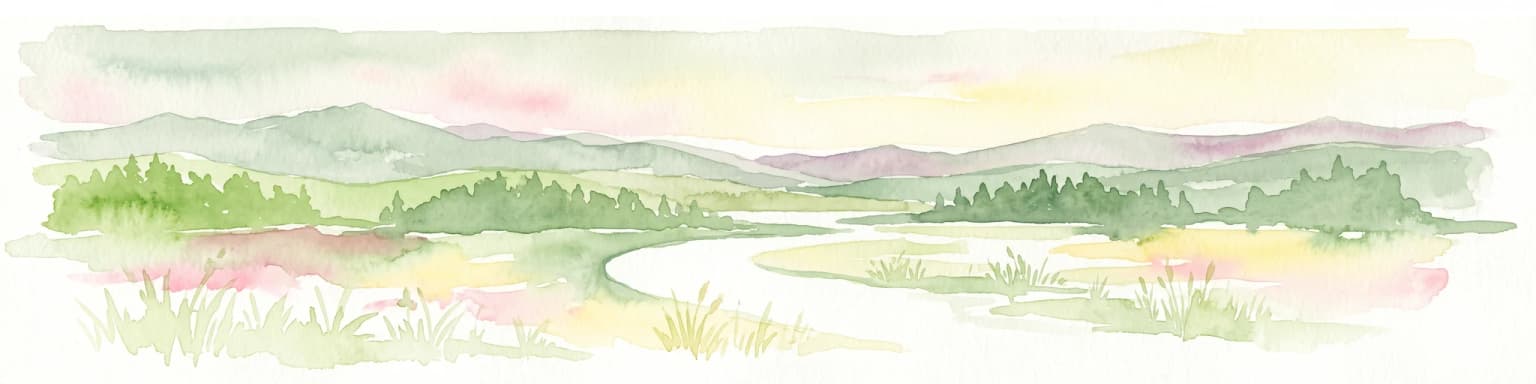 Watercolor painting showing a winding river through a wetland with trees and hills in the background.