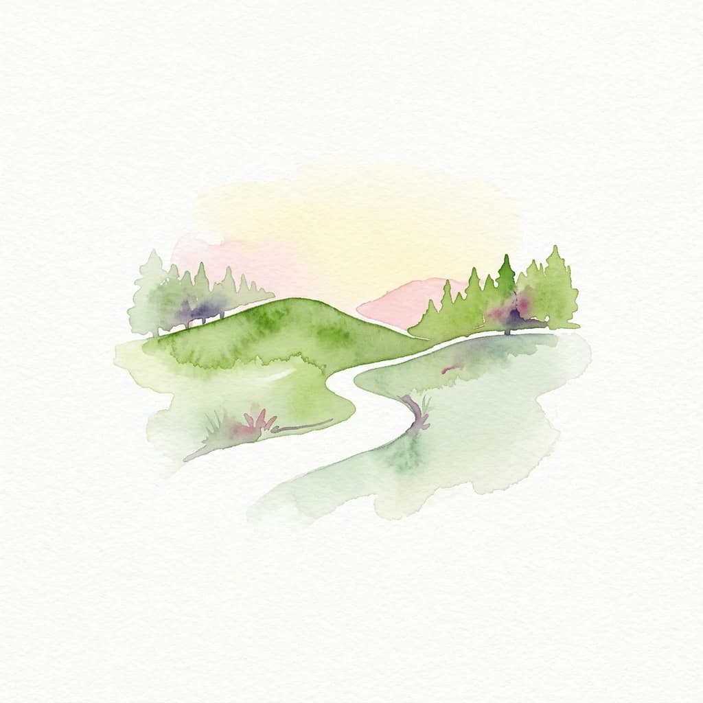 Watercolor painting of green rolling hills, a winding white path, scattered trees, and a pastel sky