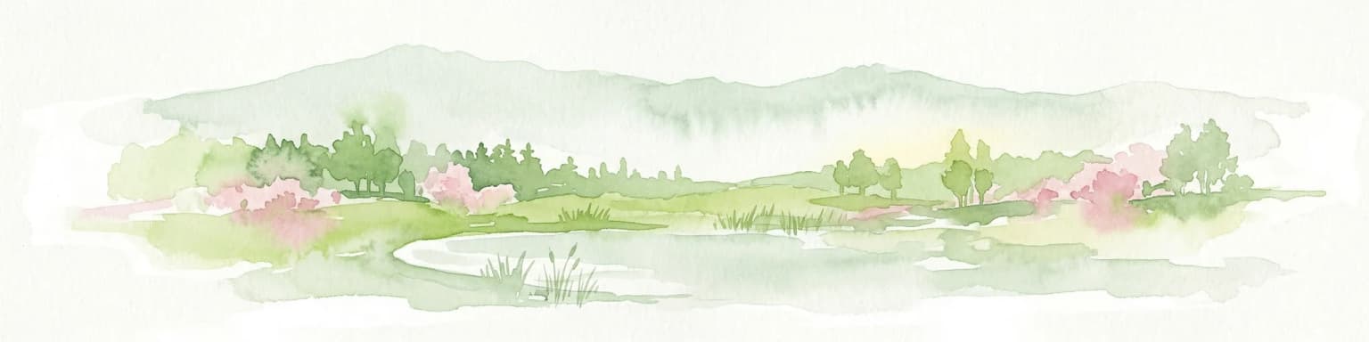 Watercolor illustration showing rolling hills, a lake, pink flowering trees, and distant mountains
