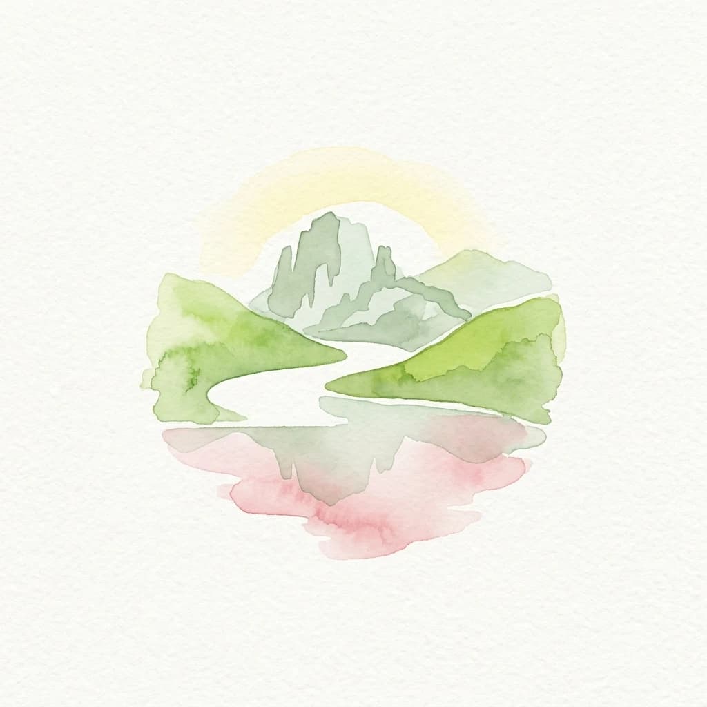 Watercolor illustration of mountains, a river, and a sun with reflection