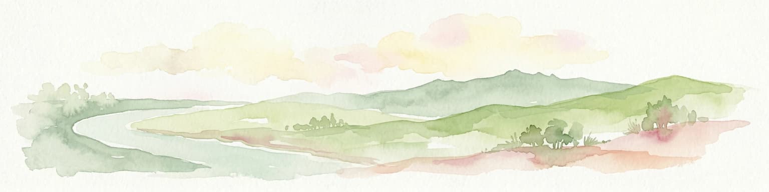 Watercolor painting of a river flowing through rolling hills with green fields and trees