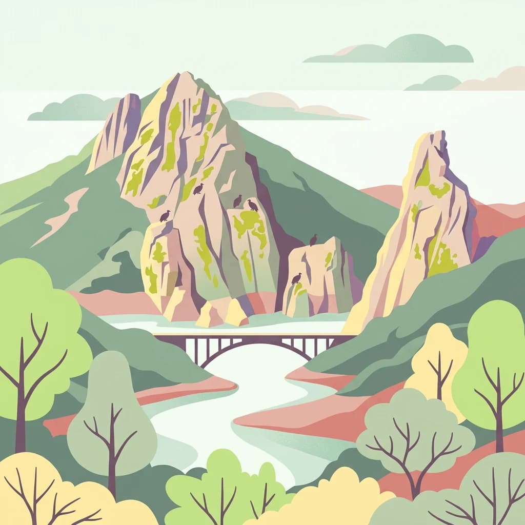 Illustration of a river flowing through a mountainous landscape with a bridge and green trees