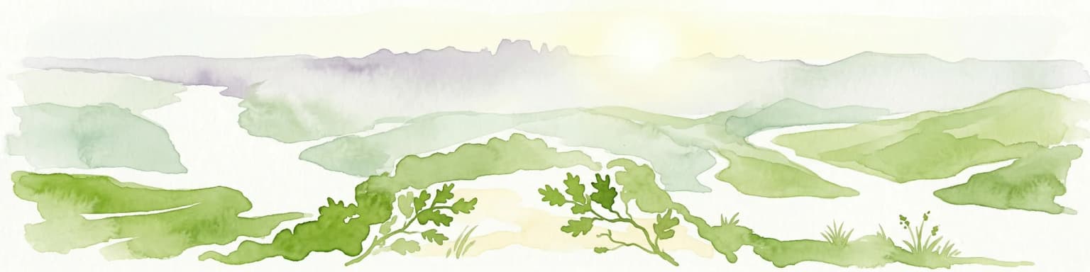 Watercolor illustration of rolling green hills, a winding river, and a distant horizon with a soft sun