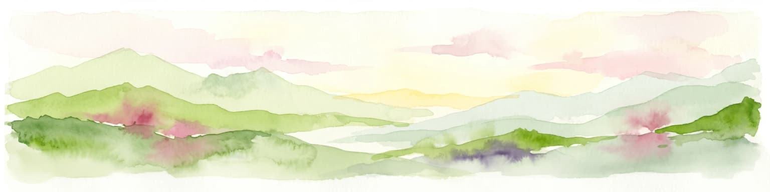 Ilustración en acuarela de colinas verdes, elementos florales rosas y morados, una masa de agua y un cielo suave.