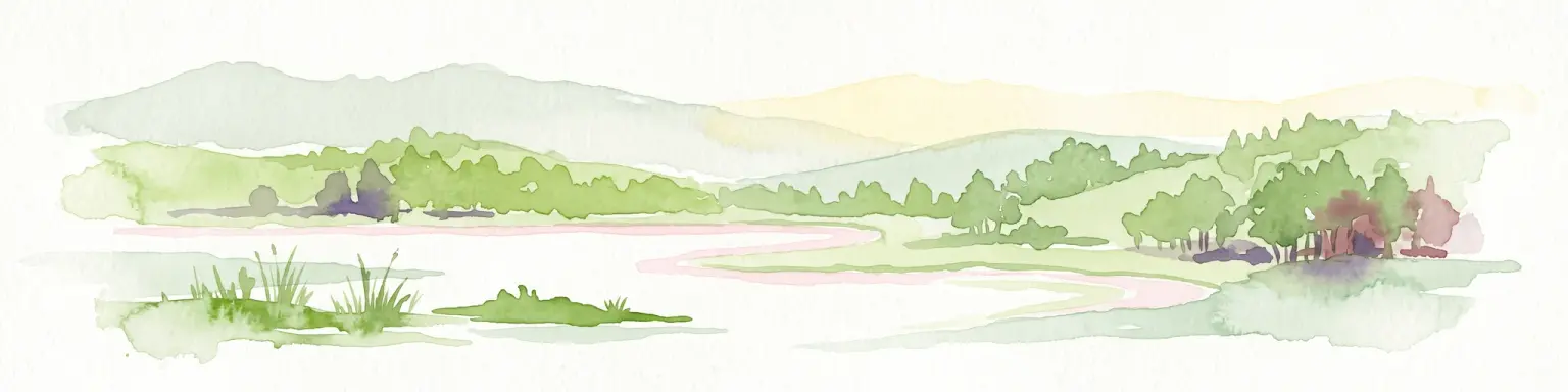 A watercolor painting showing a panoramic view of a calm lake surrounded by lush green hills and forests in Madagascar.