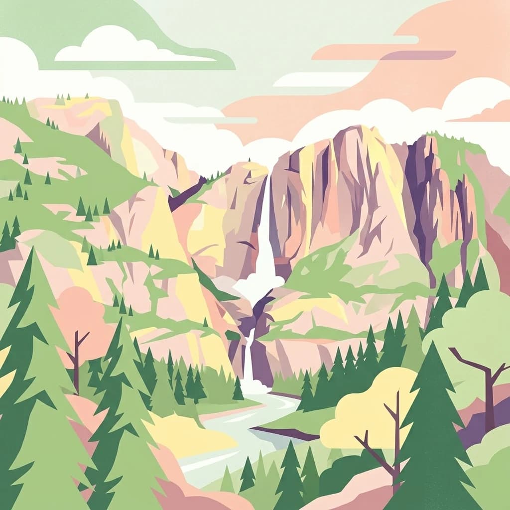 Una ilustración digital de estilo plano que muestra una cascada escalonada que fluye por una cara rocosa de montaña, rodeada de bosques de coníferas estilizados y un río serpenteante.