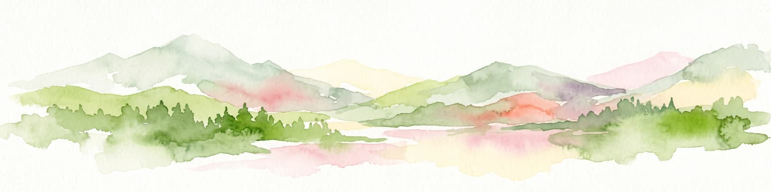 Ilustración en acuarela de colinas verdes onduladas estilizadas y una línea de árboles en tonos de verde, rosa y amarillo suave.