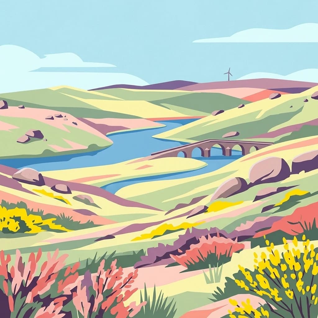 Illustration of rolling hills, a blue river, a stone bridge, and colorful vegetation under a light blue sky with clouds