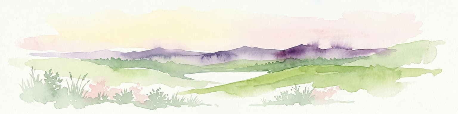 Watercolor depiction of green hills, a small pond, and distant mountains under a soft sky.