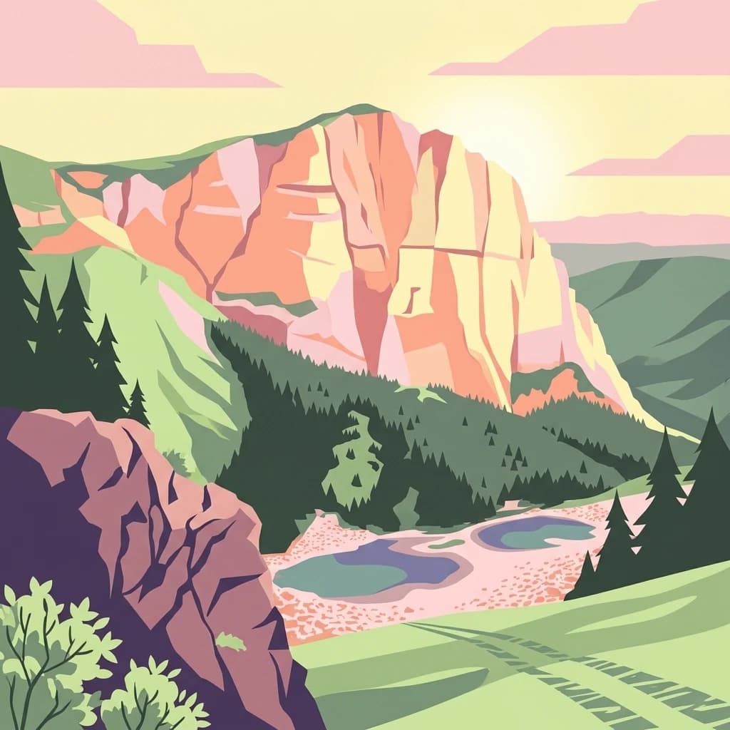 Stylized illustration of a mountain landscape with layered rock cliffs, green forests, two lakes in a valley, and a pastel sky