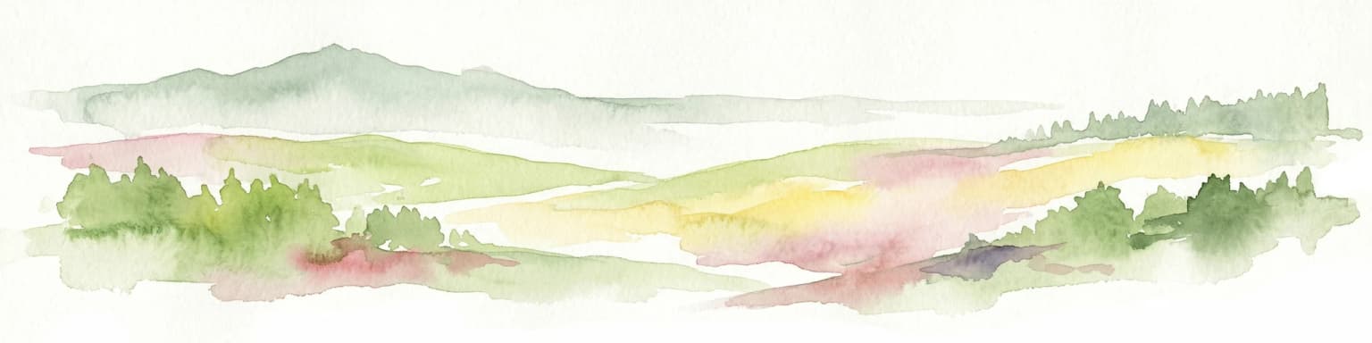 Watercolor painting of a mountainous landscape with green and yellow terrain, distant mountains, and forests