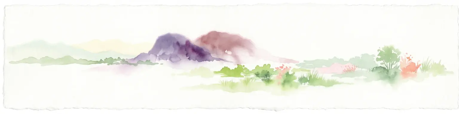 Watercolor painting of rounded granitic hills or mountains rising above a low foreground of green vegetation against a white background.