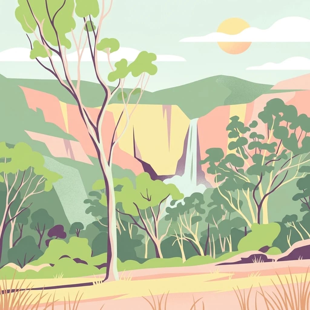 Escena ilustrada que muestra una cascada, árboles, colinas y un sol en el cielo