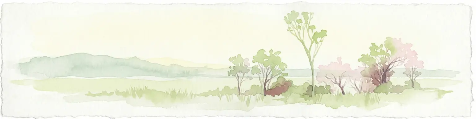 Watercolor illustration of a river landscape with trees, grassy fields, and distant hills under a light sky