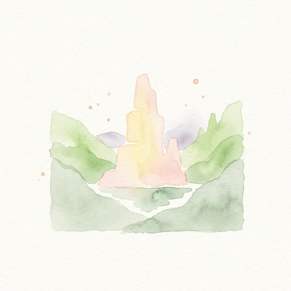 Watercolor illustration of a pink and yellow castle-like structure surrounded by green hills and a stream