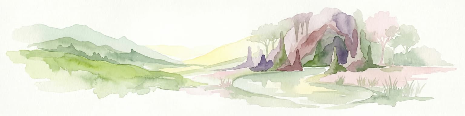 Watercolor illustration of a karst landscape featuring hills, a lake, and cave-like rock formations with green vegetation