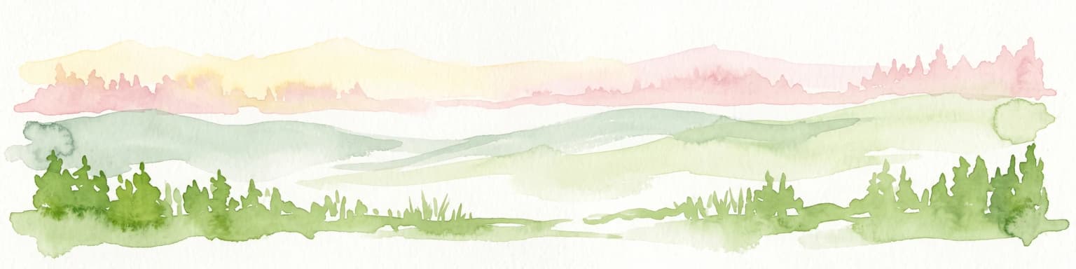 Una pintura en acuarela que muestra un paisaje horizontal con un bosque verde en primer plano y suaves colinas onduladas de color rosa pálido al fondo.