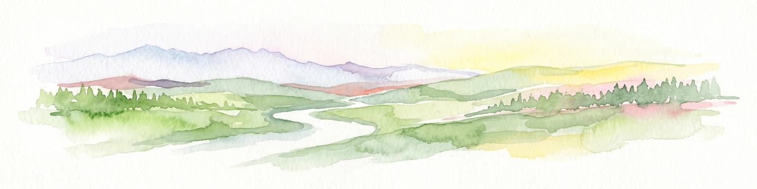 Una ilustración horizontal en acuarela que representa colinas verdes onduladas, un bosque, un río serpenteante y montañas lejanas brumosas.