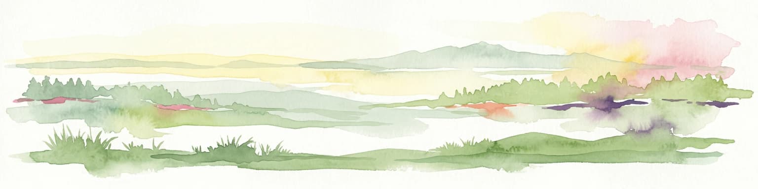 Watercolor landscape illustration showing green fields, trees, hills, and pastel sky