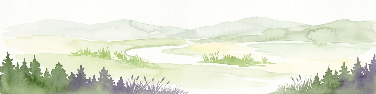 Una suave ilustración en acuarela de un río serpenteante que fluye a través de un valle verde con colinas boscosas al fondo.