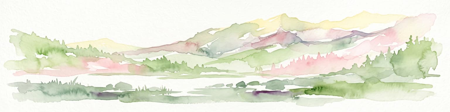 Una pintura en acuarela que muestra una cadena montañosa al fondo con suaves tonos rosados, verdes y amarillos, con vegetación forestal en el plano medio y en el primer plano sobre un fondo blanco.