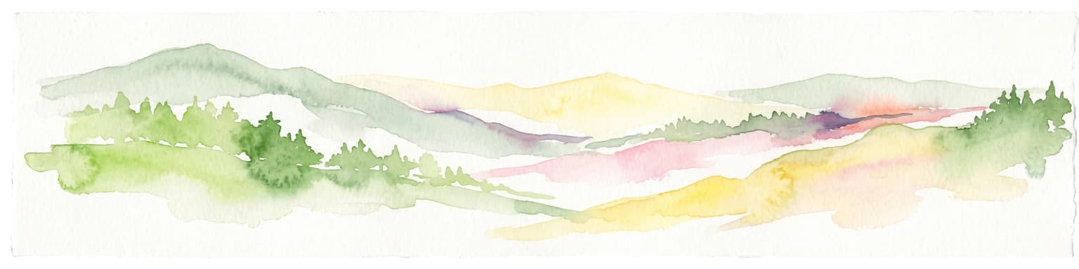 Watercolor painting showing stylized green mountains, pine trees, and soft yellow and purple tones in the landscape.