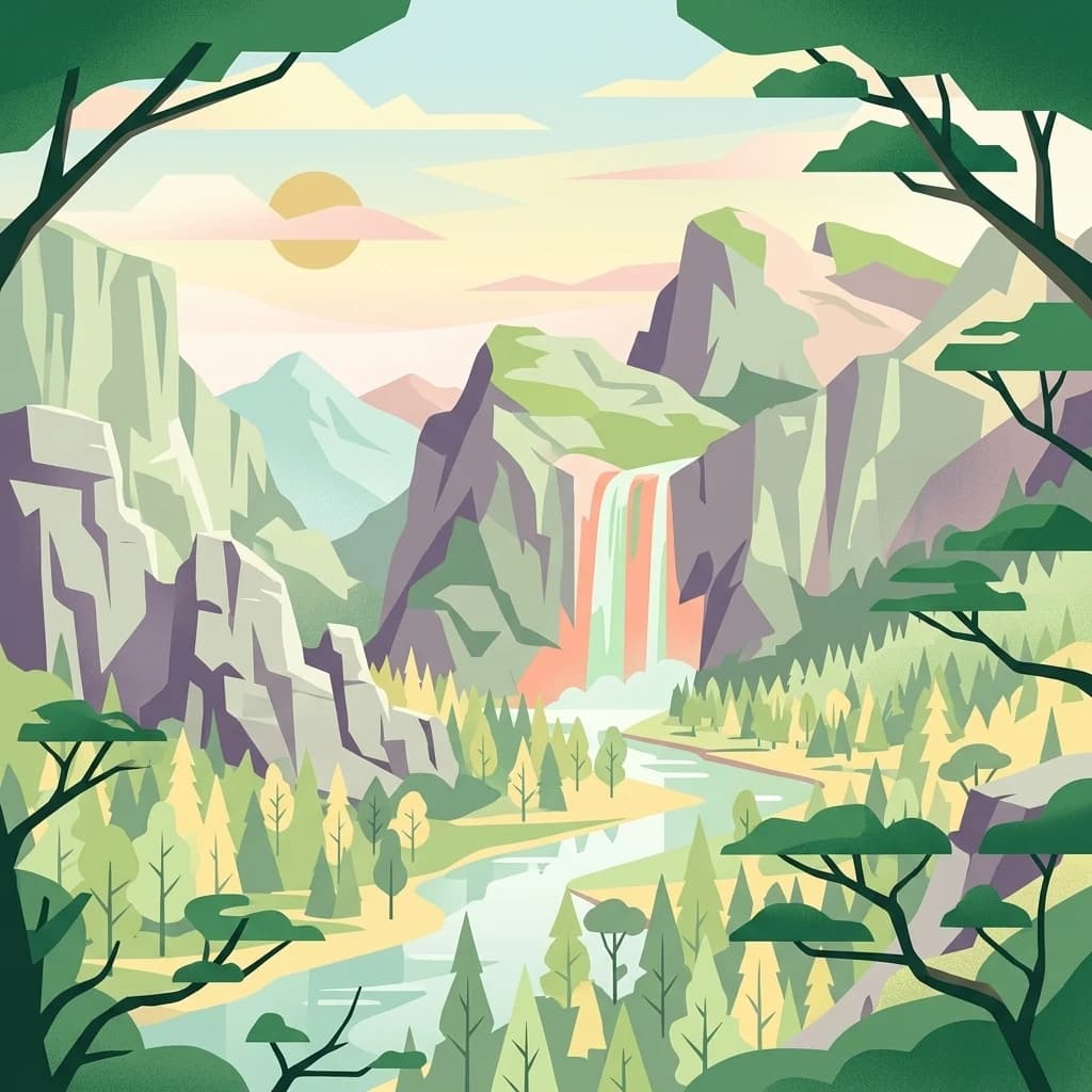 Escena ilustrada con una cascada fluyendo a través de montañas rocosas con un río y un valle boscoso