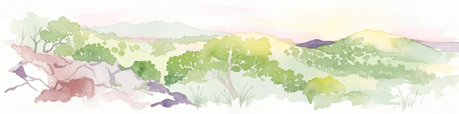 Ilustración en acuarela que muestra un paisaje con colinas, árboles y montañas distantes bajo un cielo claro