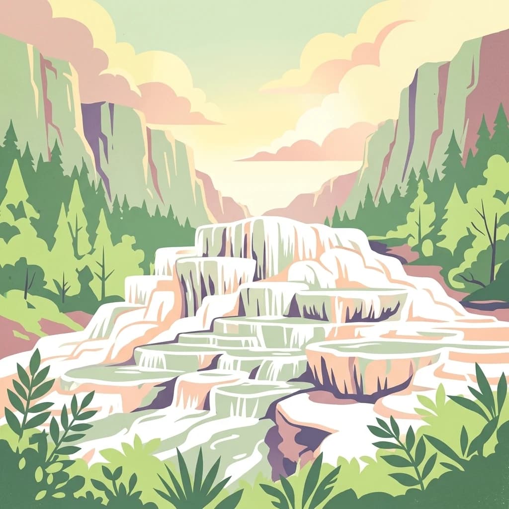 Illustration of a multi-tiered waterfall in a mountainous valley with cliffs and trees