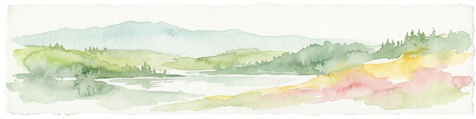 Watercolor painting showing a lake with hills and forest in the background