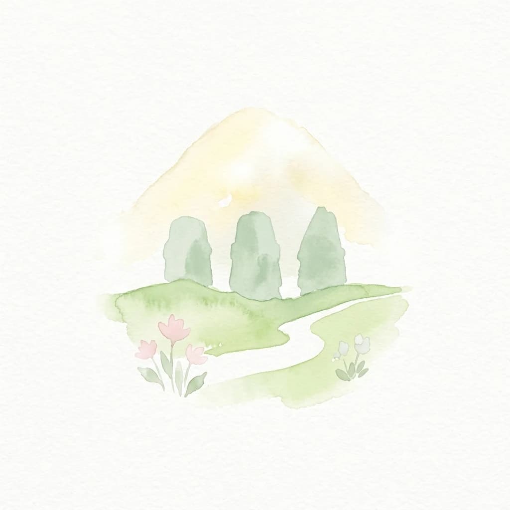 Watercolor illustration of a mountain landscape with three trees, a winding path, and pink flowers