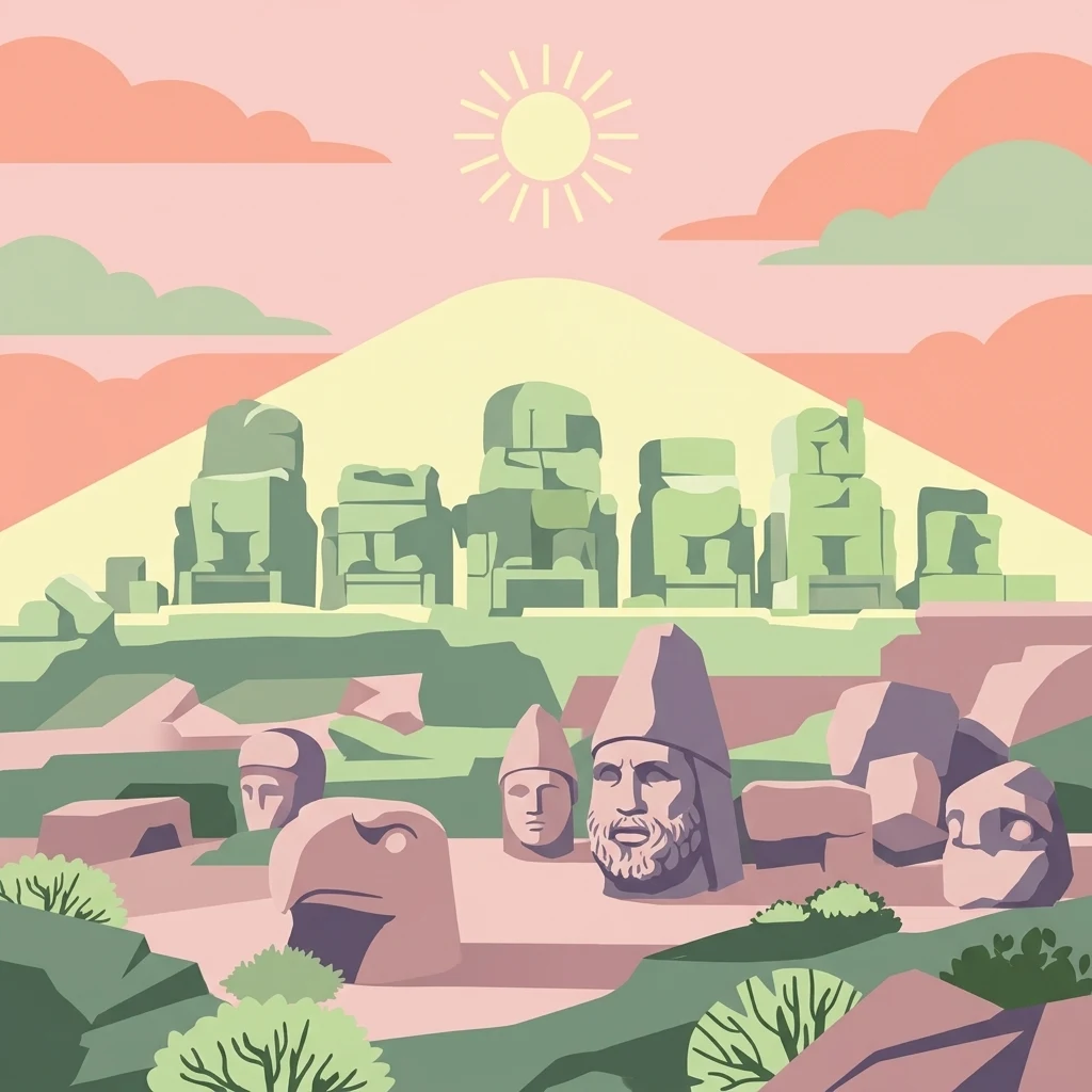 Illustration showing large stone statues on a plateau with a mountain in the background, sun and clouds in the sky
