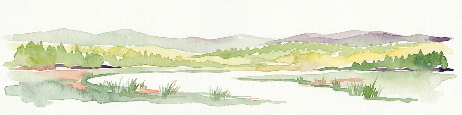 Watercolor painting showing a lake with green vegetation, rolling hills, and mountain range in the background