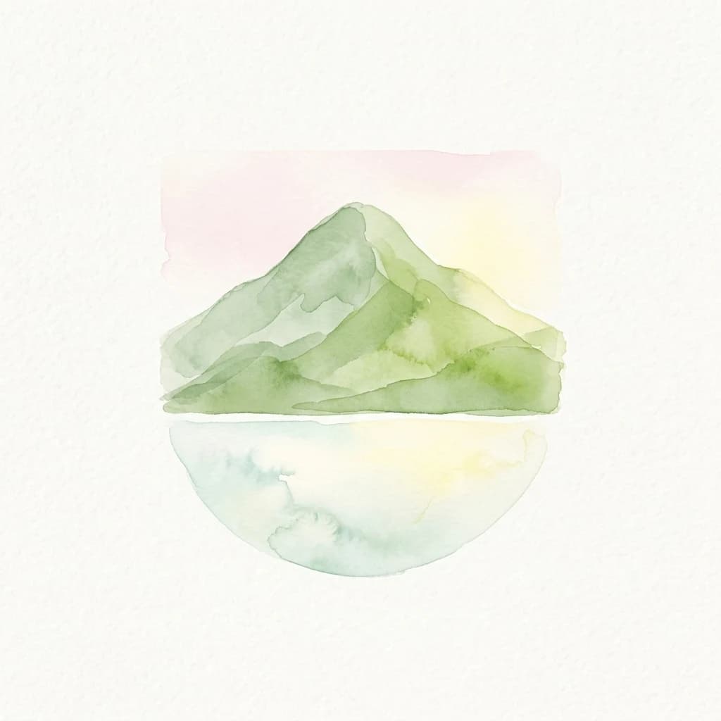 Watercolor painting of a green mountain peak reflected in a calm lake with soft pink and yellow sky background