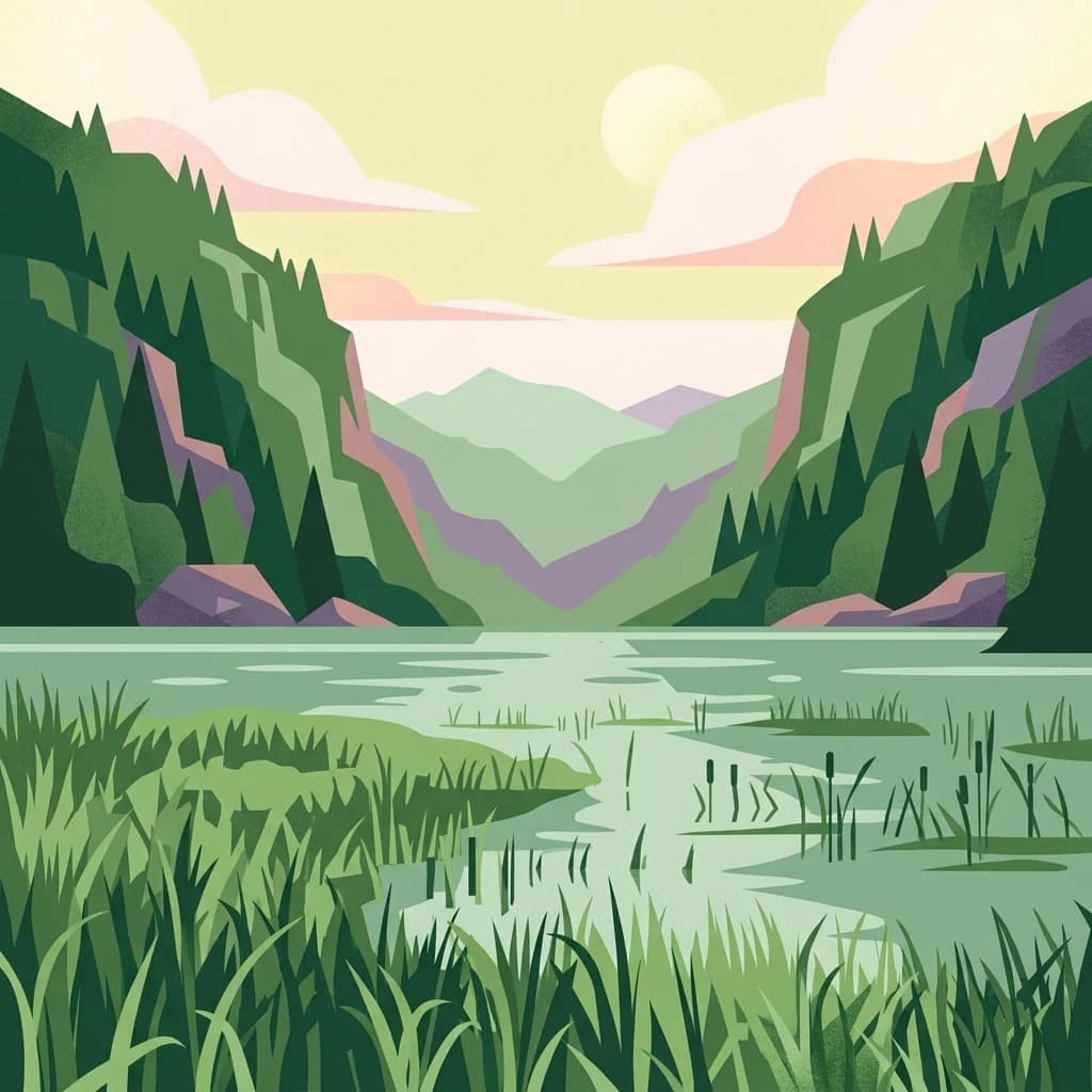 Illustration of a mountain valley with a lake, green vegetation, and colorful sky