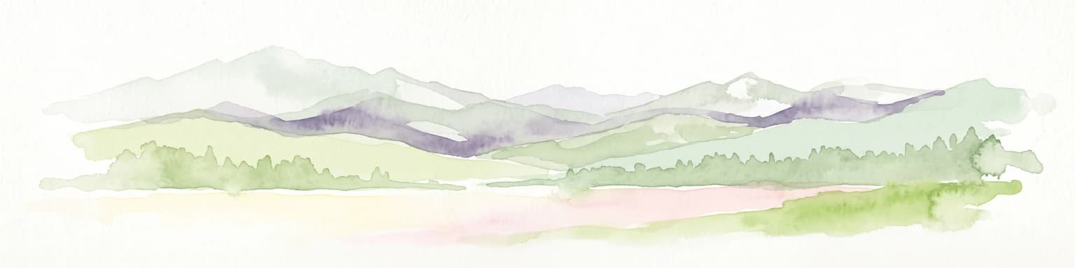 A soft watercolor illustration depicting a series of distant mountain ranges behind a line of evergreen trees against a white background.