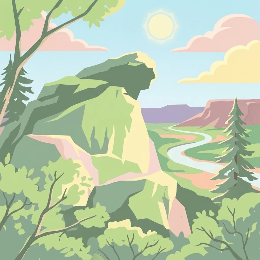 Illustration of a mountain landscape featuring a large rock formation, winding river, trees, and a bright sun in a partly cloudy sky