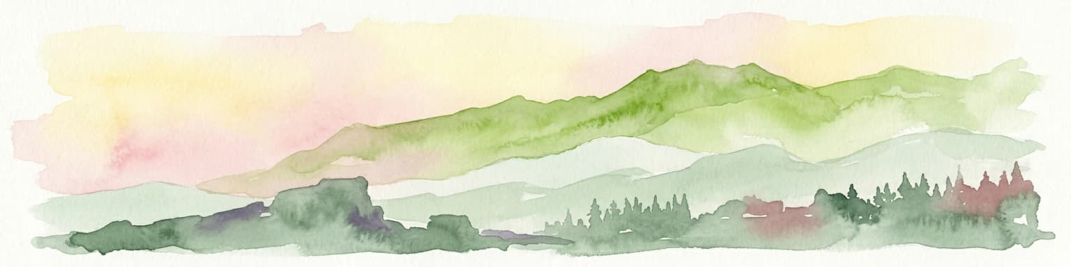 Watercolor illustration of layered mountain ranges with green, yellow, and pink hues