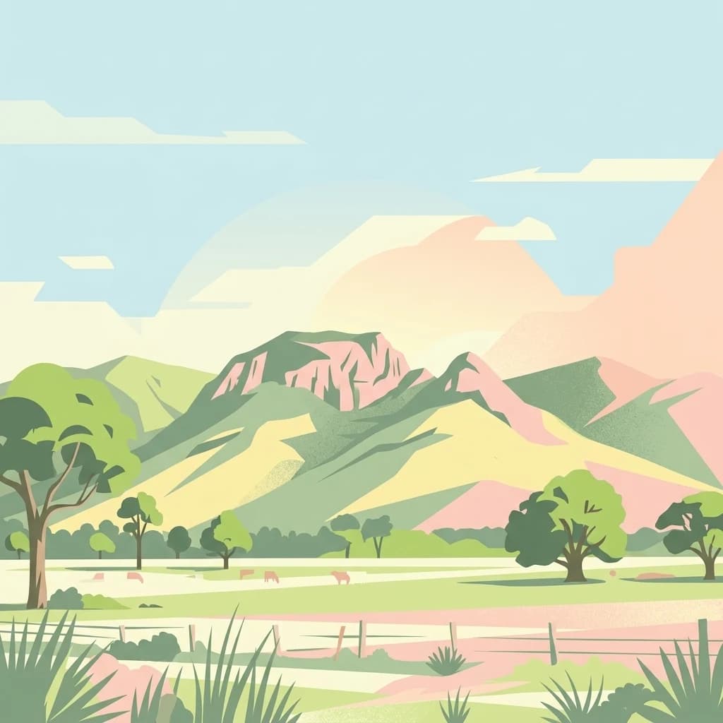Ilustración estilizada de un paisaje montañoso con prados verdes, árboles dispersos y una valla bajo un cielo parcialmente nublado