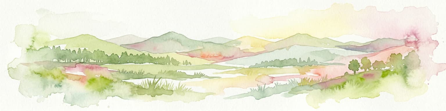 Ilustración en acuarela de un paisaje montañoso con campos verdes y picos lejanos